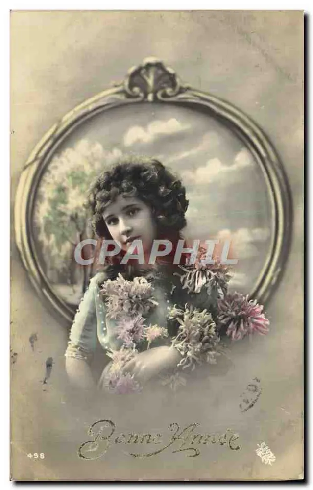 Jeune fille tenant un bouquet — portrait encadré — éditeur Bonne Année, n° 498 - Frente