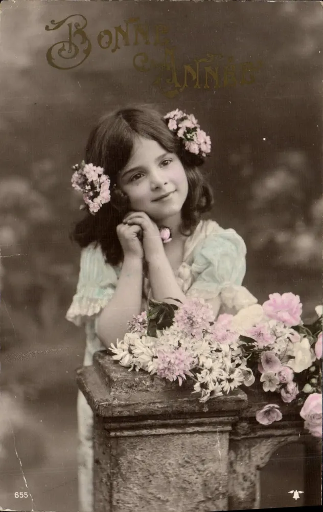 Chica con flores — Feliz Año — editor anónimo, n° 655 - Anverso