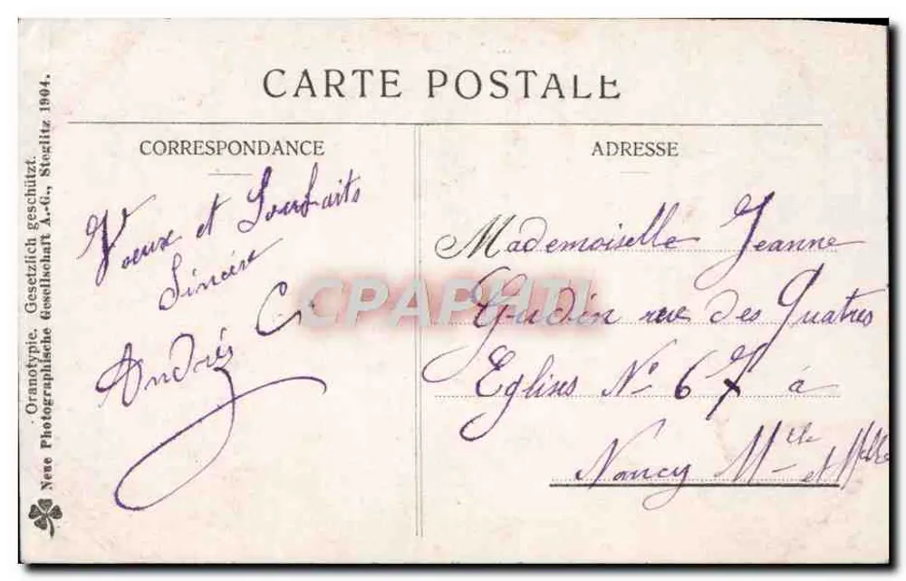 Femme en robe à pompons — avec cochon et arbre à trèfles — éditeur Nee Photographische Gesellschaft - Rückseite