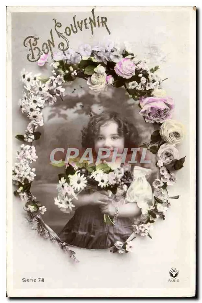 Menina pequena — retrato emoldurado por flores — Bon Souvenir, Série 78, Paris - Frente