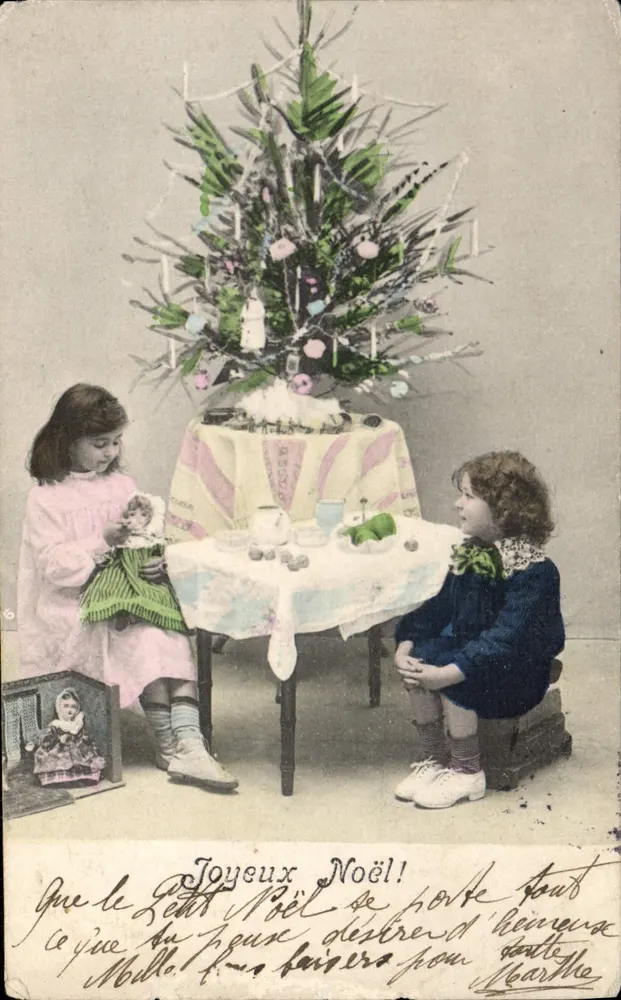 Zwei Kinder neben einem Weihnachtsbaum — Verlag nicht sichtbar, Seriennummer nicht lesbar - Vorderseite