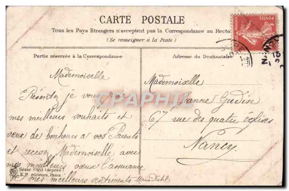 Deux colombes — avec lys et ruban — éditeur K.F. éditeurs, Paris, série 1933 - Rückseite