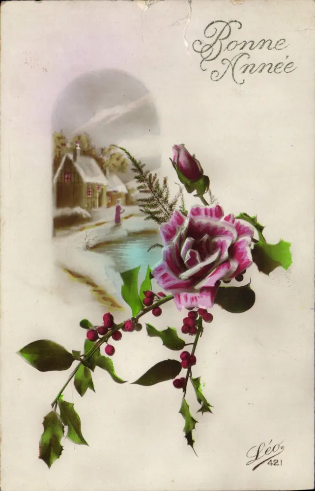 Village enneigé — scène hivernale avec rose et houx — éditeur Léo, n° 421 - Frente