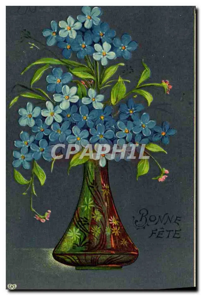 Bouquet de myosotis — dans un vase décoré — éditeur non visible, n° de série 67 - Frente