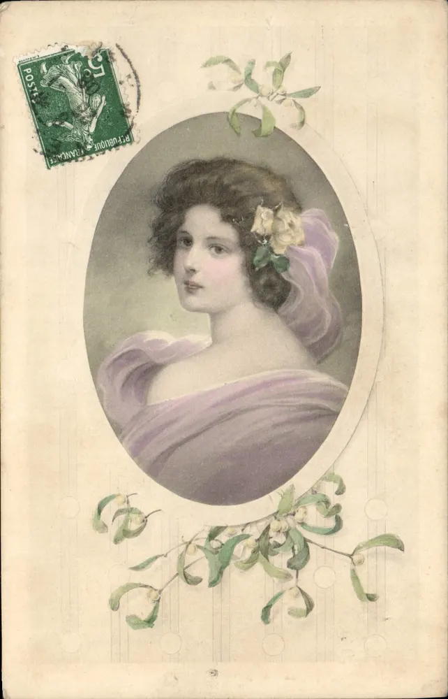 Jeune femme en robe violette — décor floral — éditeur Levelezé-Léo, série 165A - Recto