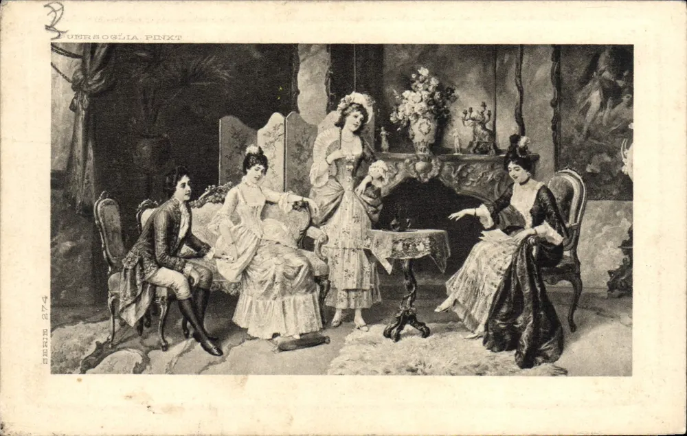 Parlor Scene — four characters in period costume — PuerSoglia Pinkt - Front
