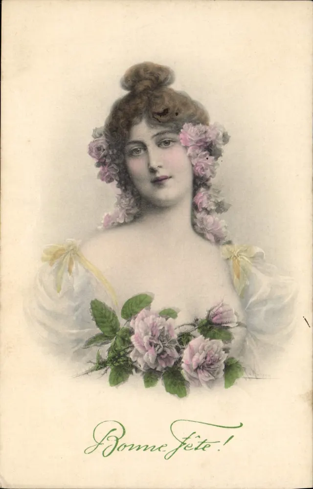 Jeune femme aux roses — Bonne fête ! — M. M. Vienne, n° 463 - Recto
