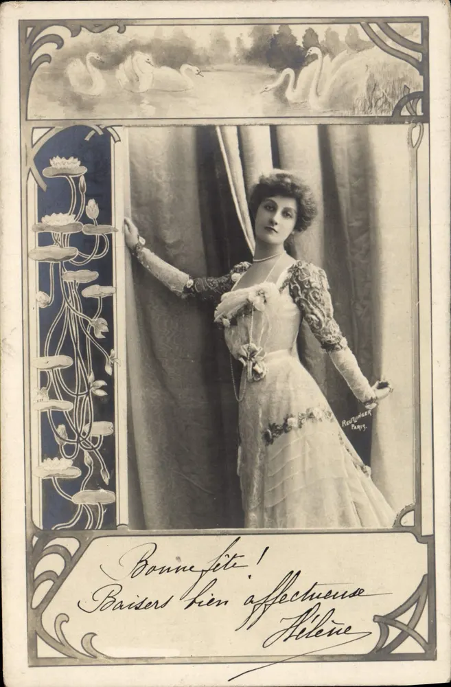 Frau in eleganter Kleidung — Art Nouveau-Design mit Schwänen und Lilien — Restuduer, Paris - Vorderseite