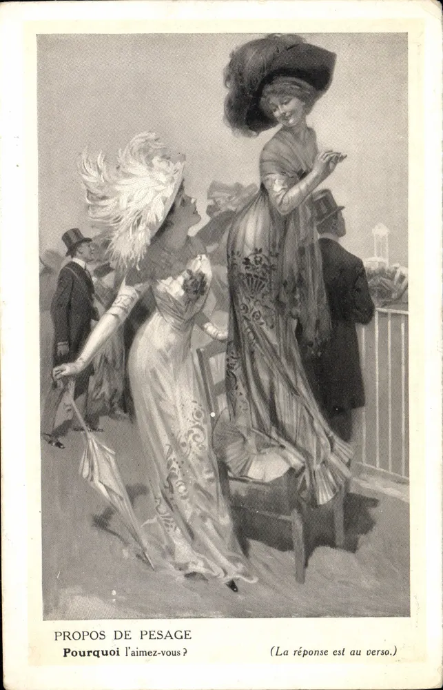 Zwei elegante Frauen — Flirt-Szene mit gedrucktem Text — Propos de Pesage, Éditeur Malaceïne - Vorderseite
