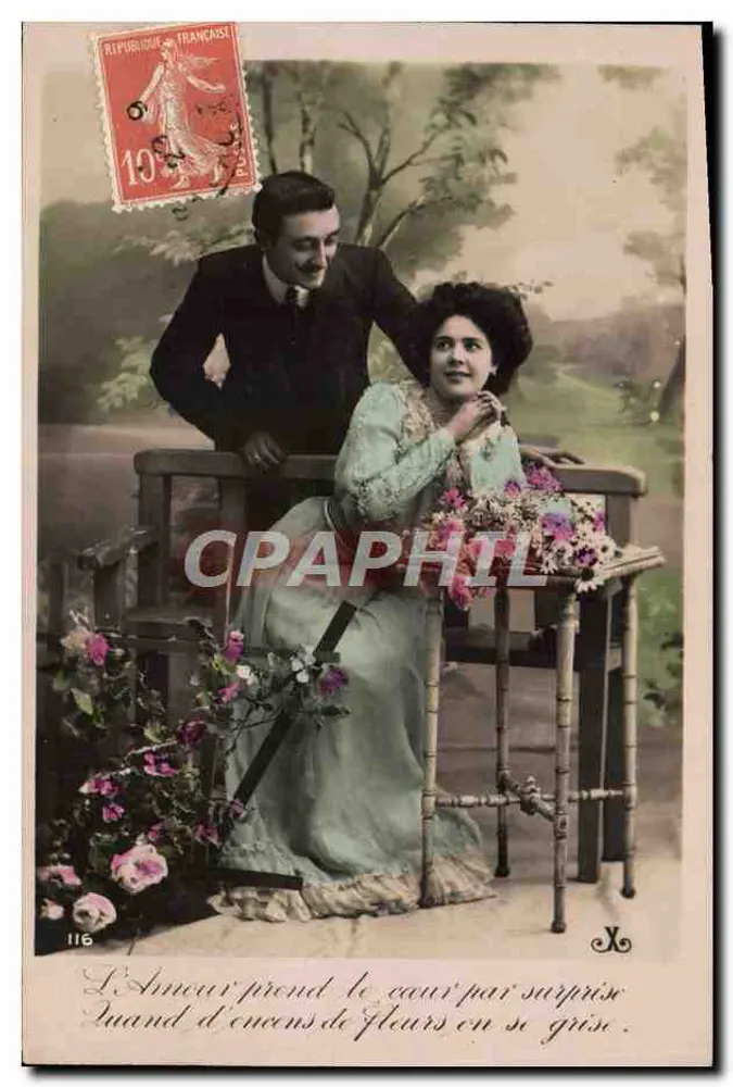 Amour et fleurs — scène de surprise — éditeur inconnu, n° 116 - Recto