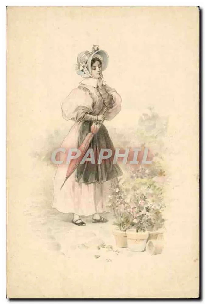 Jeune femme en robe d'époque tenant un parapluie — illustration — éditeur non visible - Recto