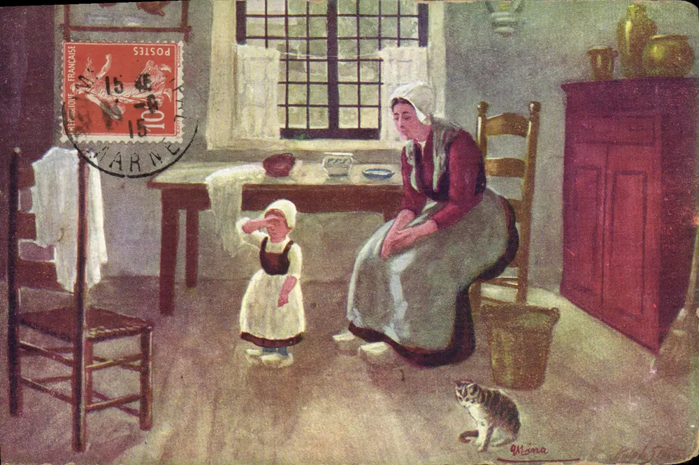 Famille à la table — scène intérieure — éditeur Mima, signé Mima et Paul Tournier - Vorderseite