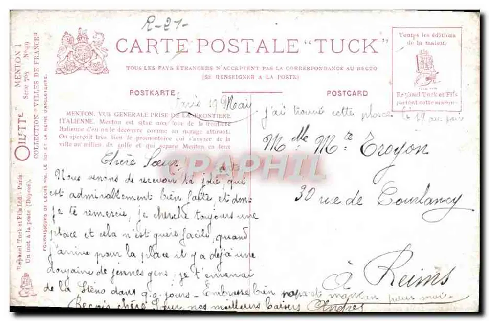 Menton - Allgemeine Ansicht vom italienischen Grenzgebiet — Verlag Tuck & Fillet, Serie 795 - Rückseite