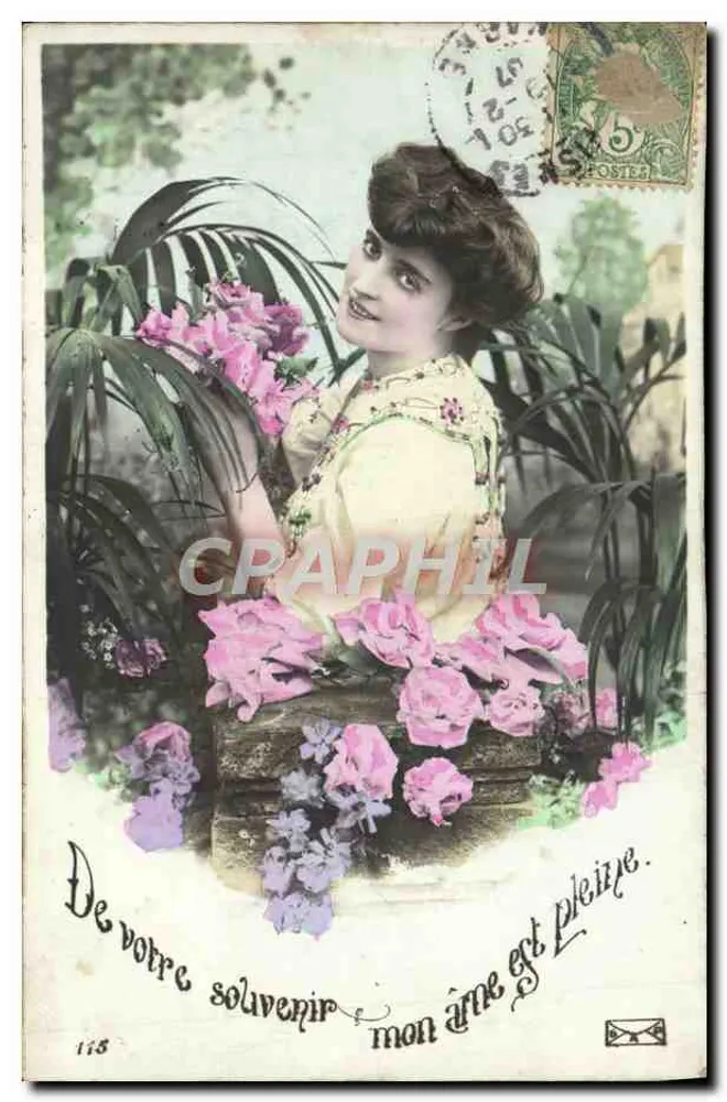 Femme au milieu de fleurs — carte postale illustrée — éditeur non identifié, n° 118 - Recto