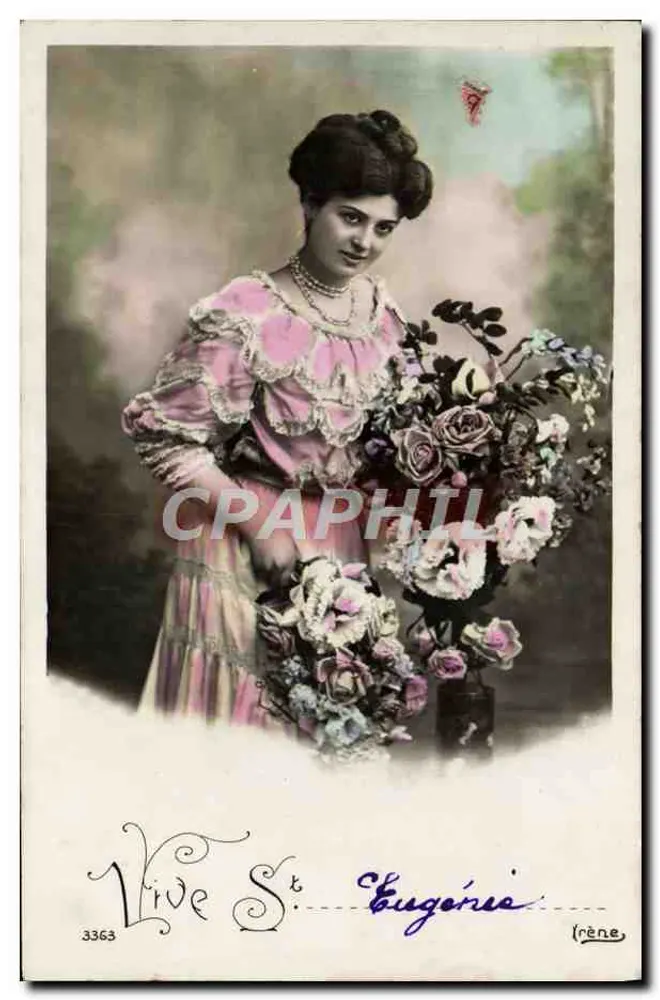 Sainte Eugénie — Portrait de femme en robe rose tenant un bouquet — Irène, n°3363 - Recto