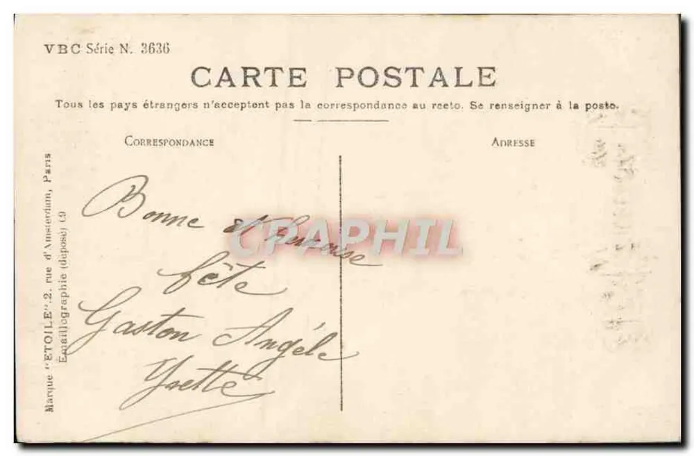 Femme en robe fleurie avec bouquet — Bonne Fête — VBC Série N. 3636 - Verso