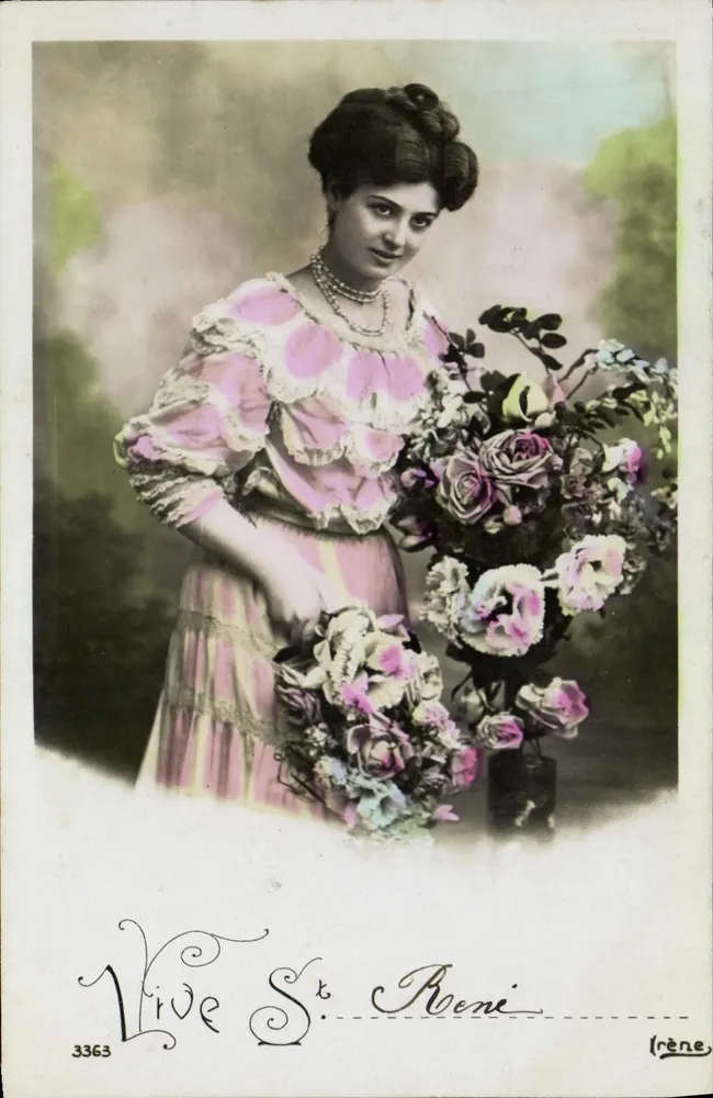Frau in einem rosa Kleid mit Blumenstrauß — Vive St. Roveni — Irène, n°3363 - Vorderseite