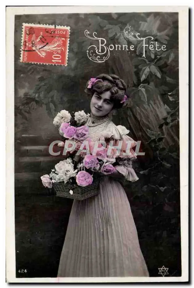 Jeune femme en robe à volants tenant un panier de roses — Bonne Fête — éditeur anonyme, n° 424 - Recto