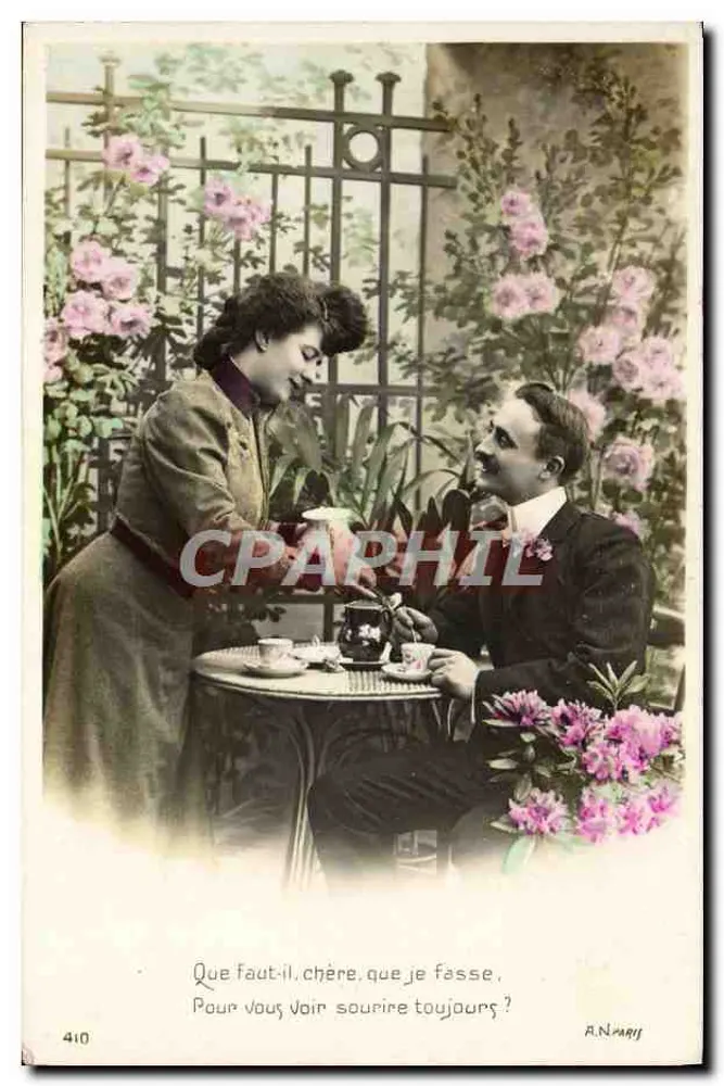 Jeune couple en jardin — texte amoureux — A.N. Paris n°410 - Recto