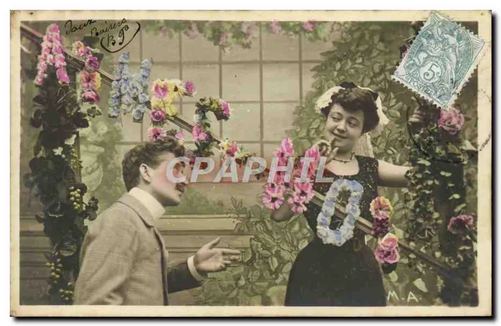 Jeune couple dans un décor floral — éditeur Jouve Bains (13.90) — timbre 5 centimes - Recto