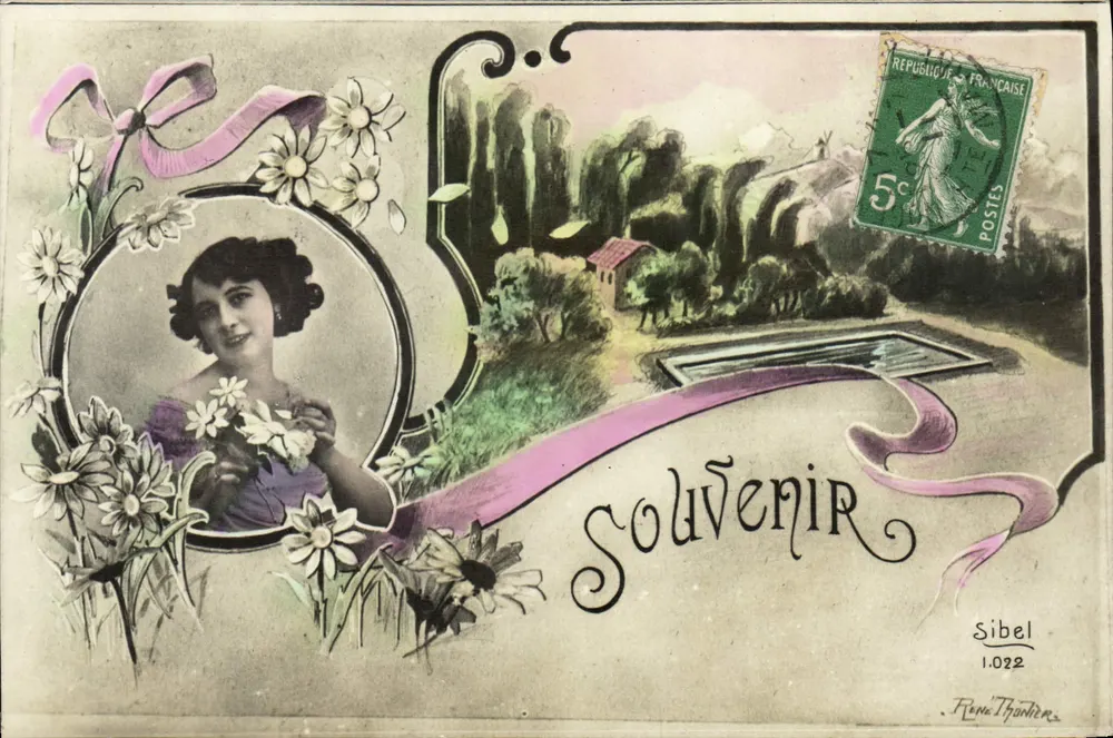 Femme avec fleurs — paysage rural — Sibel 1.022 - Recto