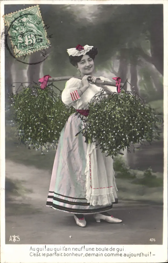 Femme portant un grand bouquet de gui — texte festif — A. J. S. n° 476 - Recto