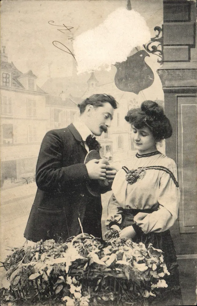 Jeune couple devant un étal de fleurs — scène de rue — éditeur P. L. Paris - Recto