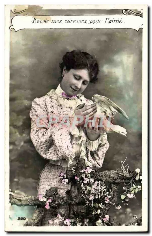 Frau, die ein Vogel hält — gedruckter Text « Empfange meine Küsse für den Geliebten » — Nr. 220 - Vorderseite