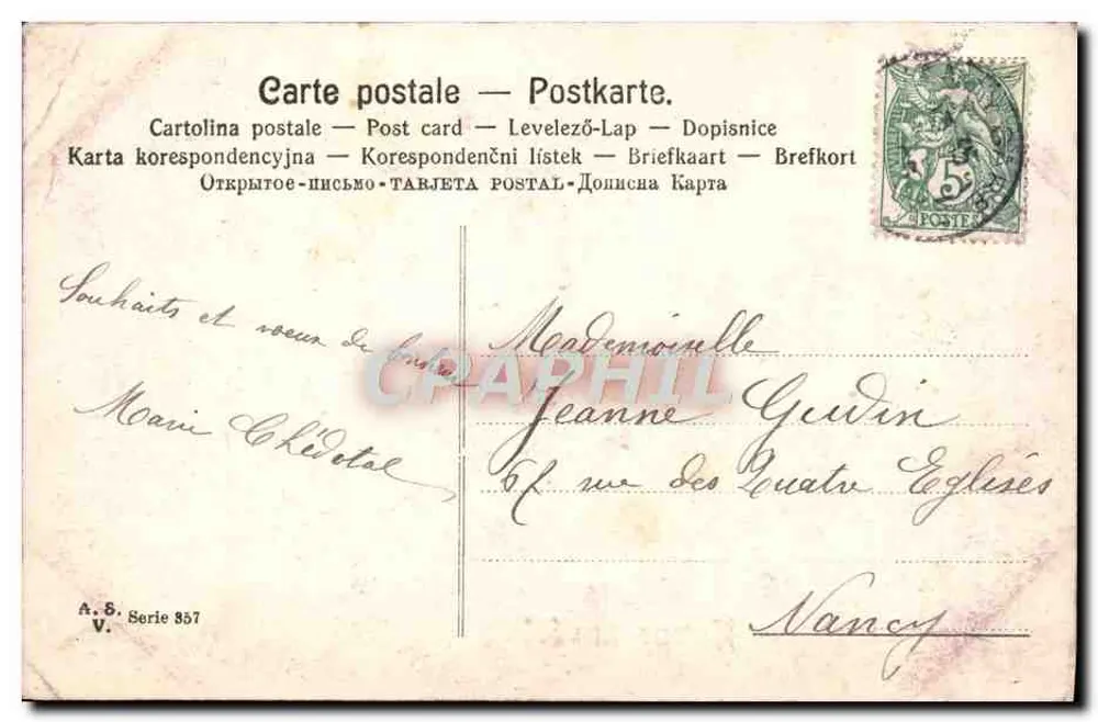 Paysage alpin — vue de montagnes enneigées avec prairie et clôture — éditeur A. 8, série 357 - Verso
