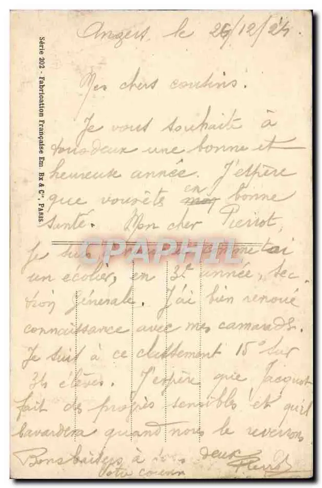 Flores e paisagem — Boa Ano — Série 302, Fabricação Francesa Em. Bx & C°, Paris - Verso