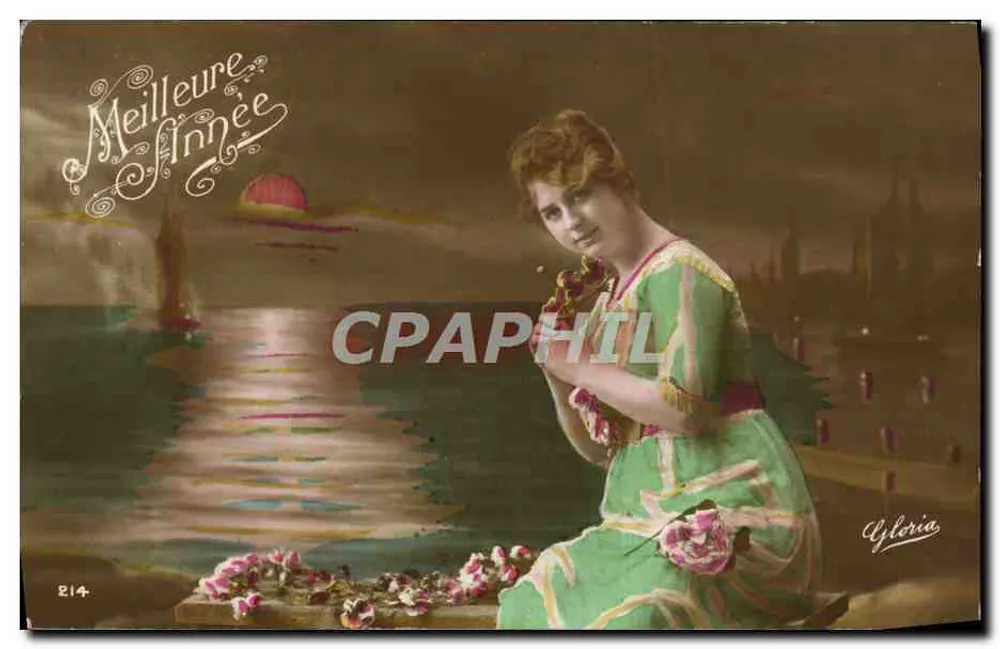 Jeune femme au bord de l'eau — Meilleure Année — Éditeur Ayloria, n° 214 - Recto