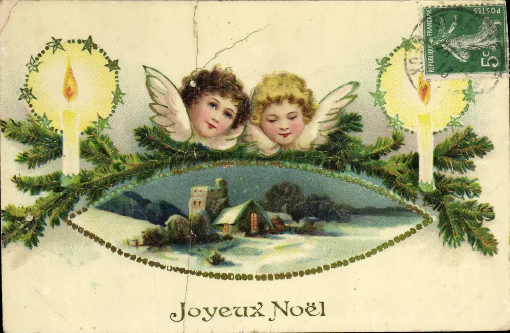 Deux anges — scène de village enneigé — éditeur inconnu - Frente