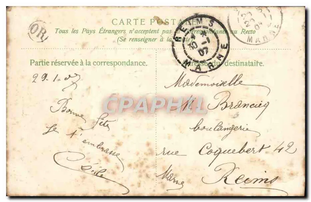 Deux colombes portant une lettre — violets et portail — Souvenir d'amitié — éditeur non visible - Verso