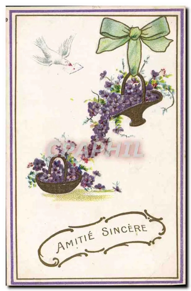 Arranjo de violetas e pomba — Amizade sincera — Olá para toda a família — editor Bonzel, Hamburgo - Frente