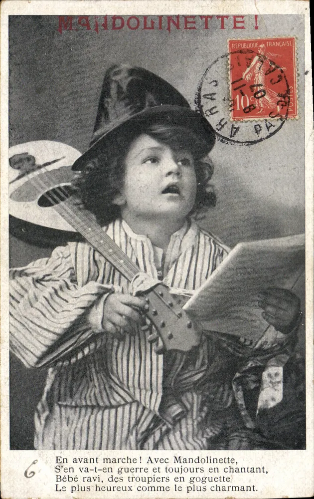 Mandolinette! — Vorwärts Marsch! Mit Mandolinette, auf zum Krieg und immer singend, Baby glücklich, Soldaten auf Urlaub — Verlag nicht sichtbar, Nr. 6 - Vorderseite