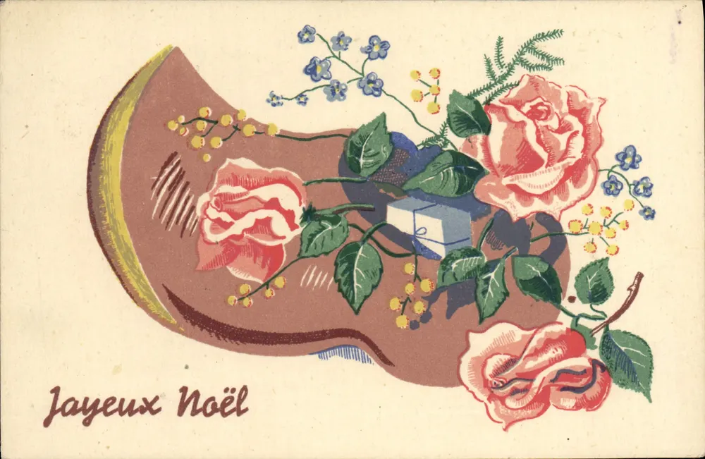 Bouquet de rosas y regalo — Feliz Navidad — Tarjeta postal - Anverso