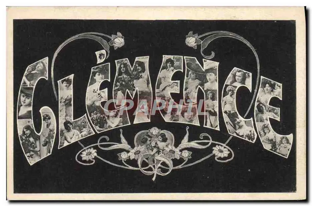 Clemence — Cartolina decorativa con lettere ornate con ritratti femminili — editore sconosciuto - Recto