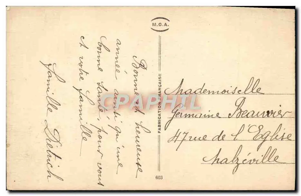 Paysage hivernal — Bonne Année — M.G.A. Fabrication Française n°603 - Verso