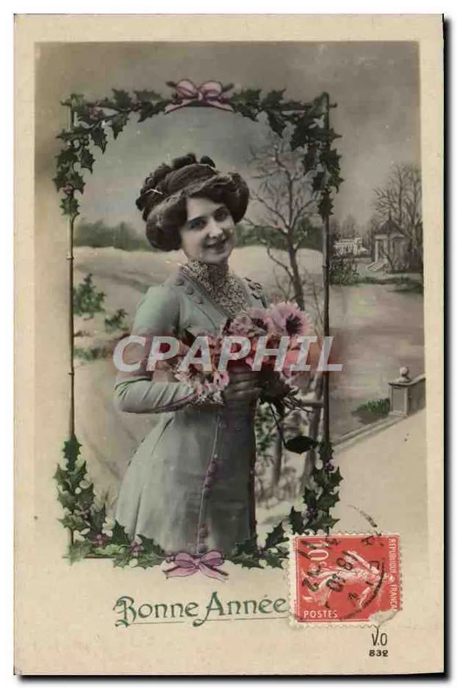 Junge Frau mit Blumenstrauß — Frohe Neujahr — Verlag V.O. Nr. 832 - Vorderseite
