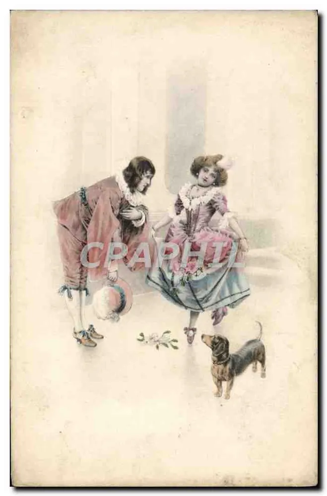 Jungmann und junge Frau in historischem Kleid — Szeneninneres mit Hund — Verlag H. & C. Vienna N° 505 - Vorderseite