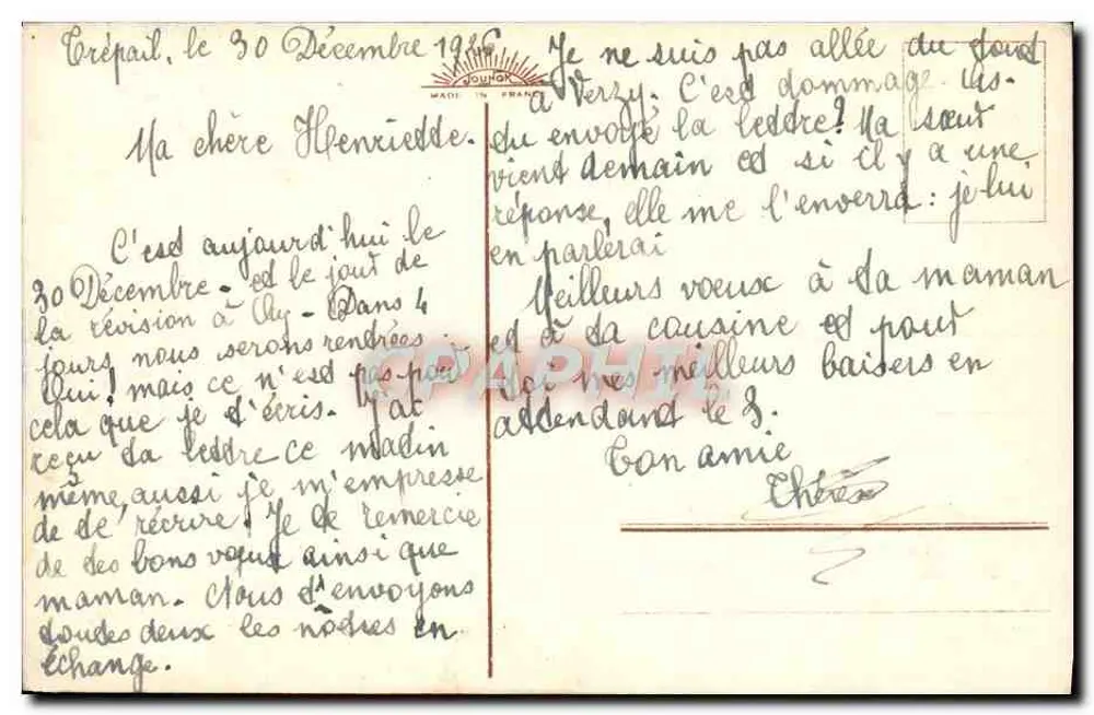 Paysage hivernal — cabane enneigée avec fenêtres éclairées — éditeur J. Dourhon, n° de série non visible - Verso