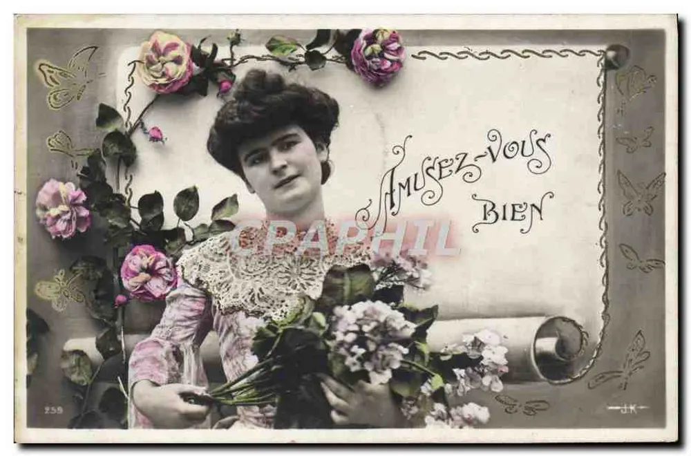 Jeune femme avec bouquet de fleurs — Amusez-vous bien — éditeur J.K., n° 259 - Recto