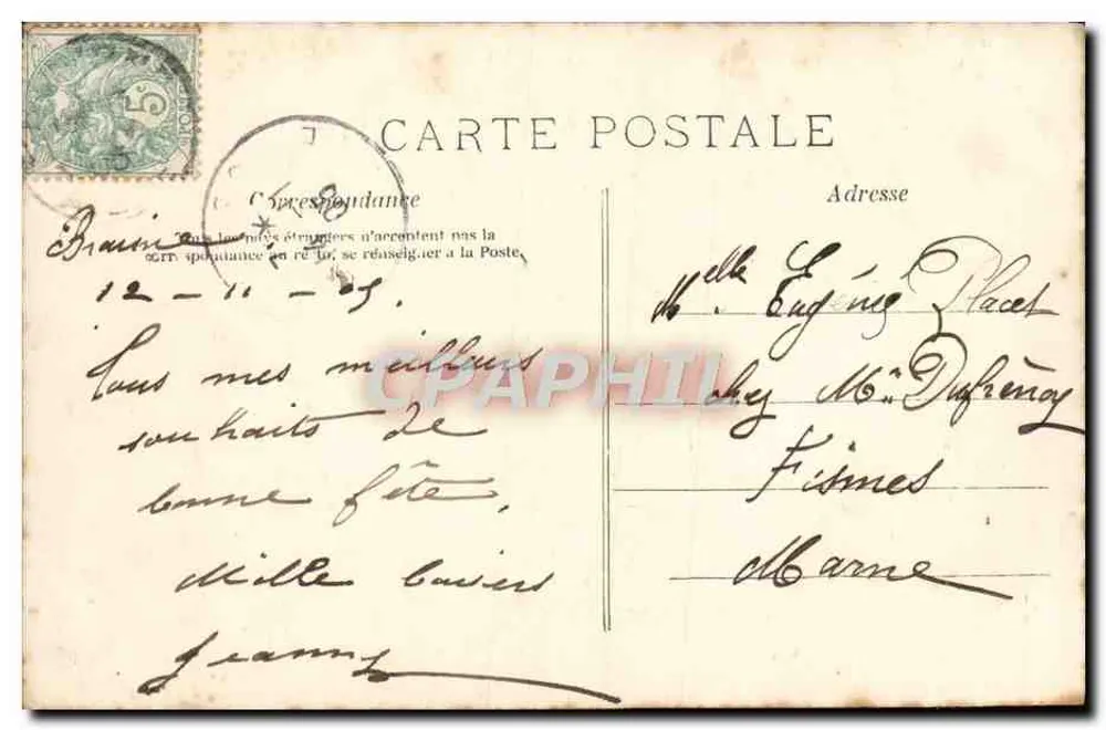 Femme en robe de style Art Nouveau tenant un bouquet — 'Heureuse Fête' — éditeur inconnu, n° de série non visible - Verso