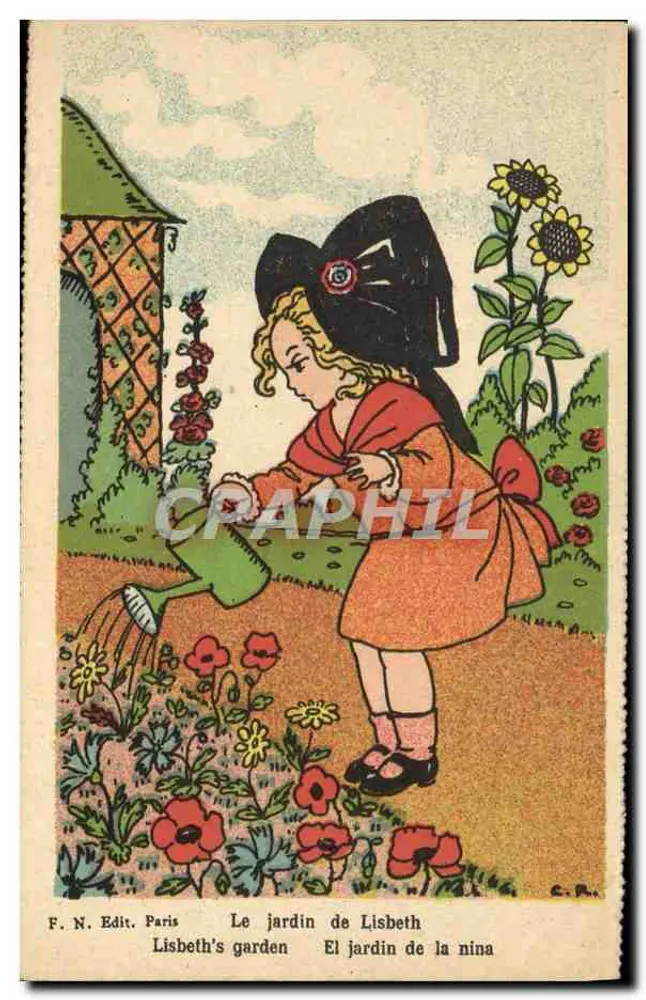 Mädchen, das Blumen gießt — Lisbeths Garten — F. N. Edit. Paris - Vorderseite