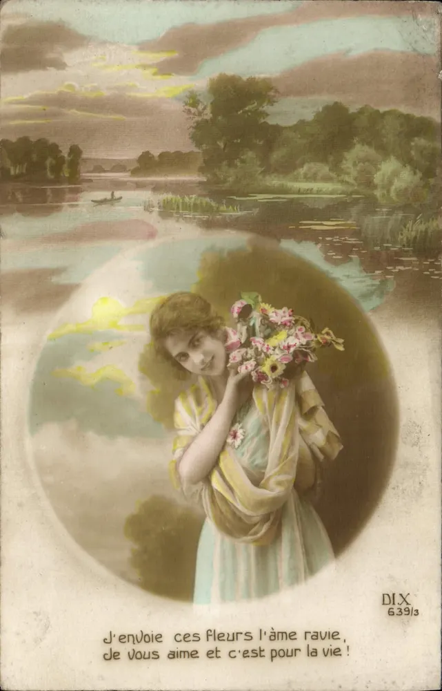 Femme tenant un bouquet de fleurs — scène lacustre avec bateau — éditeur DIX n° 63913 - Recto