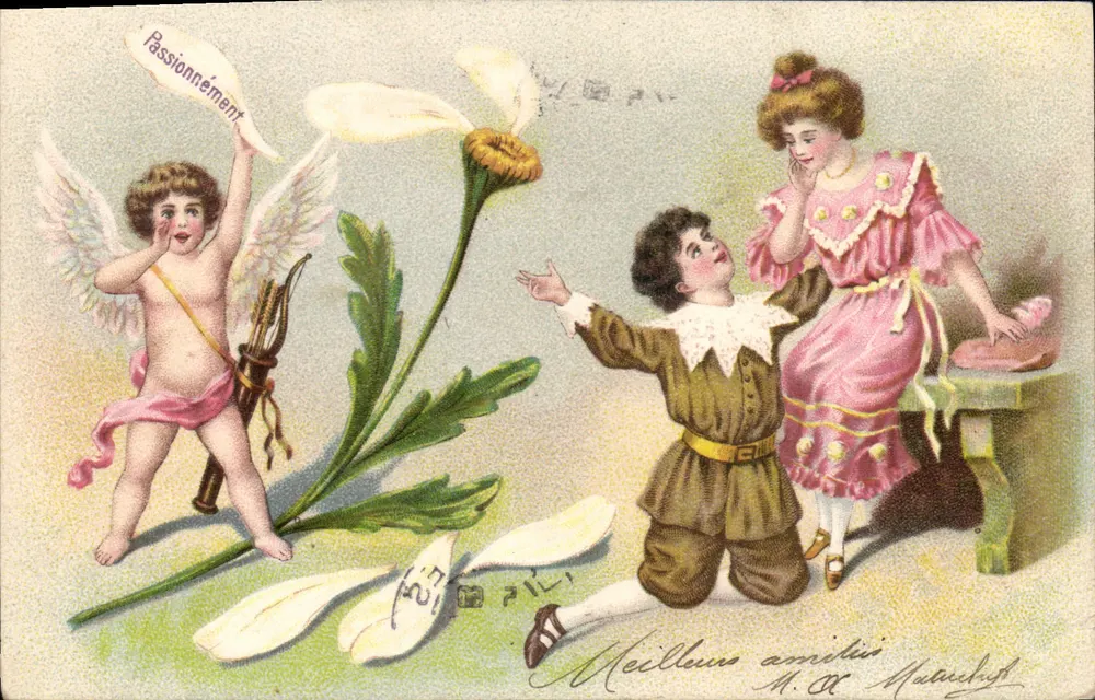 Cupidon und Kind, das eine Blume einer jungen Dame überreicht — Verlag Matichet, Seriennummer nicht sichtbar - Vorderseite