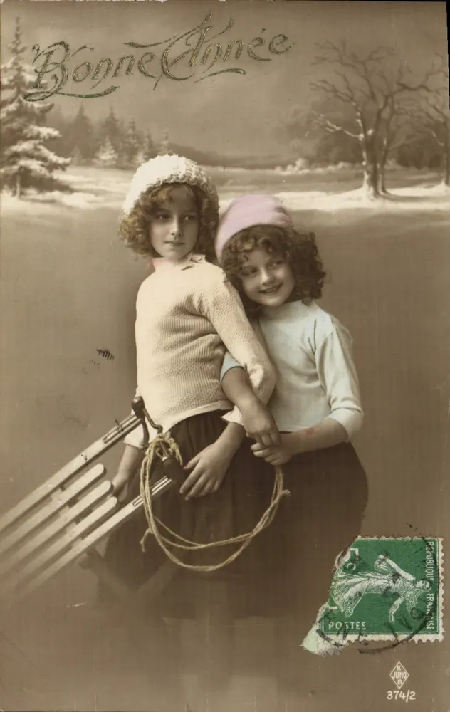 Zwei junge Mädchen in Winterkleidung — Schneeszene — Verlag Péruroud, Nr. 374/2 - Vorderseite