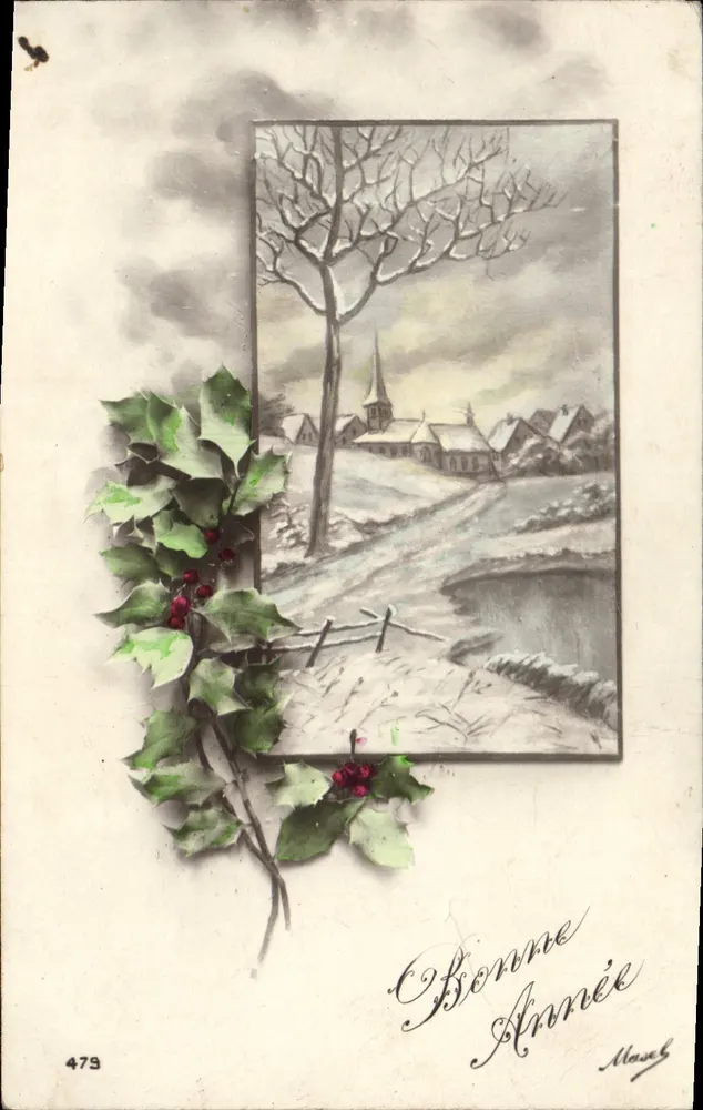 Village enneigé — scène hivernale avec église — éditeur Masch, n° 479 - Recto