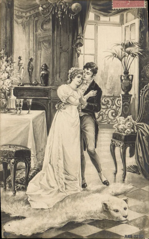 Paar in einem eleganten Innenraum — romantische Szene — unbekannter Verlag, Nr. 7290 - Vorderseite