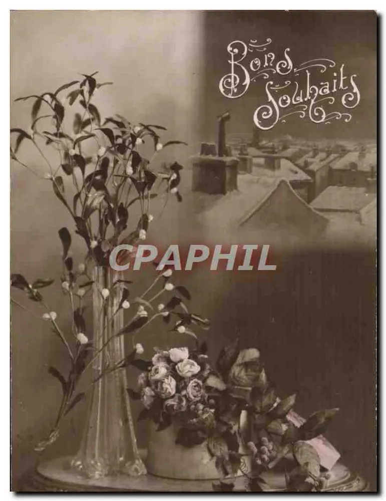 Vaso e buquê de rosas — visão de telhados nevados — editor anônimo, número de série não visível - Frente